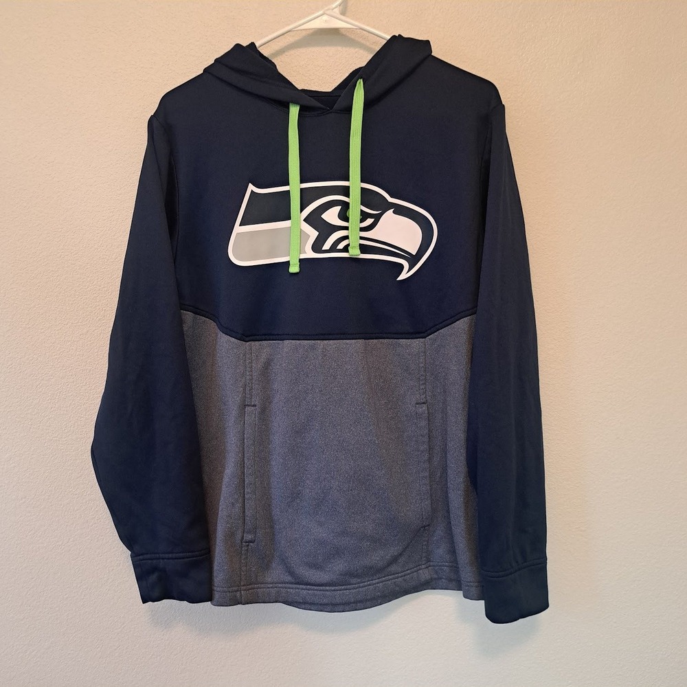 Fanatics Seattle‎ Seahawks NFL Mens Navy Grey Colorblock Fleece Hoodie Medium